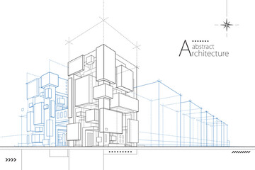 3D illustration abstract urban building out-line drawing of imagination architecture building construction design.