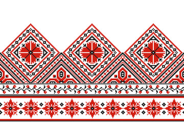 flower embroidery on white background. ikat and cross stitch geometric seamless pattern ethnic oriental traditional. Aztec style illustration design for carpet, wallpaper, clothing, wrapping, batik.