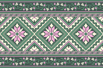 flower embroidery on green background. ikat and cross stitch geometric seamless pattern ethnic oriental traditional. Aztec style illustration design for carpet, wallpaper, clothing, wrapping, batik.