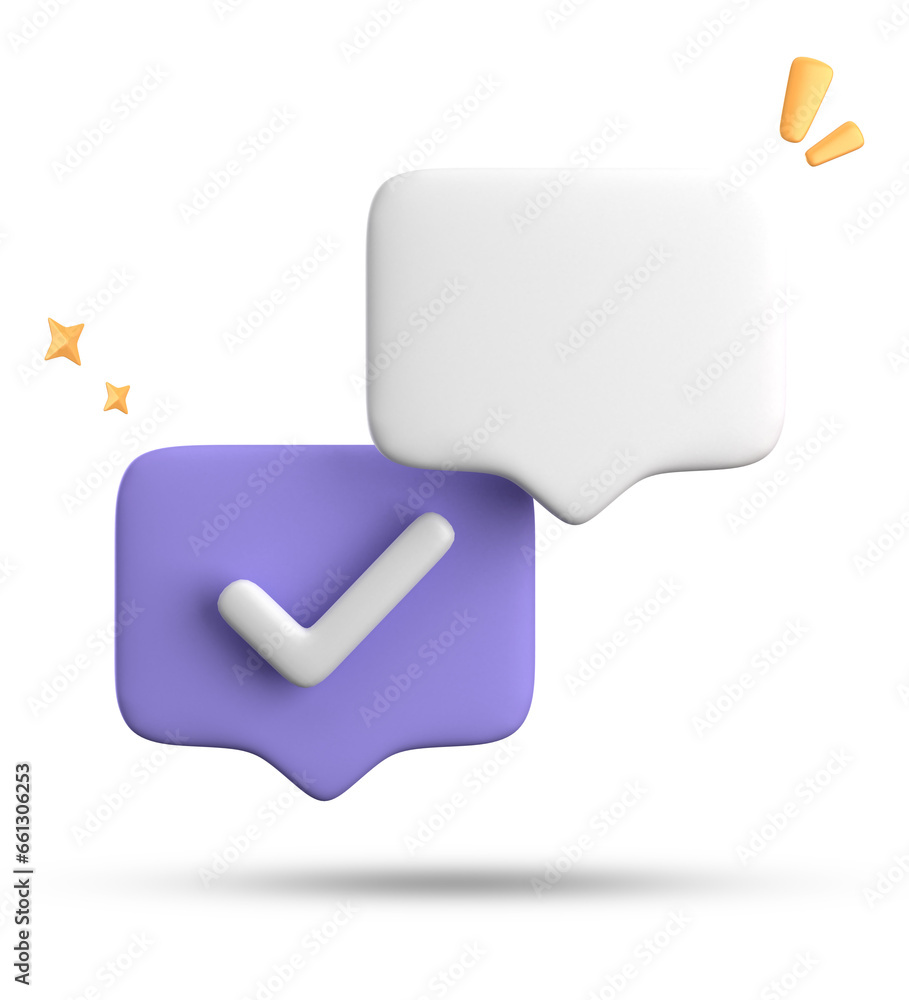 Fototapete 3d rendering of speech bubble with notification icons, 3d pastel chat with checked icon. set of 3d s