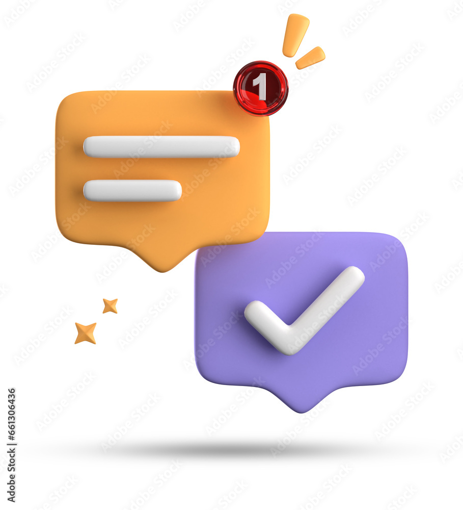 Poster 3d rendering of speech bubble with notification icons, 3d pastel chat with checked icon. set of 3d s