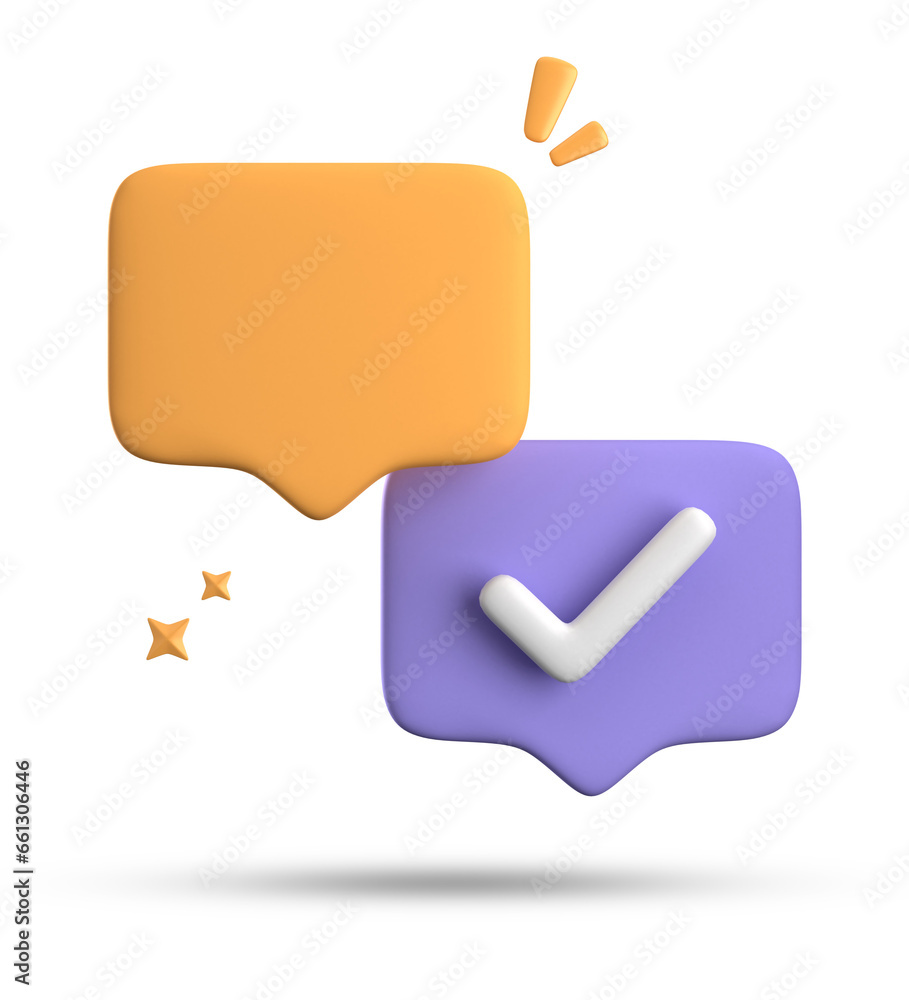 Poster 3d rendering of speech bubble with notification icons, 3d pastel chat with checked icon. set of 3d s
