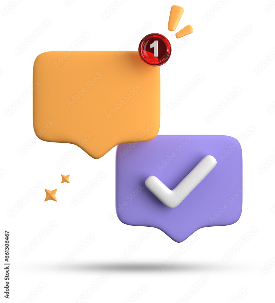 Aufkleber 3d rendering of speech bubble with notification icons, 3d pastel chat with checked icon. set of 3d s