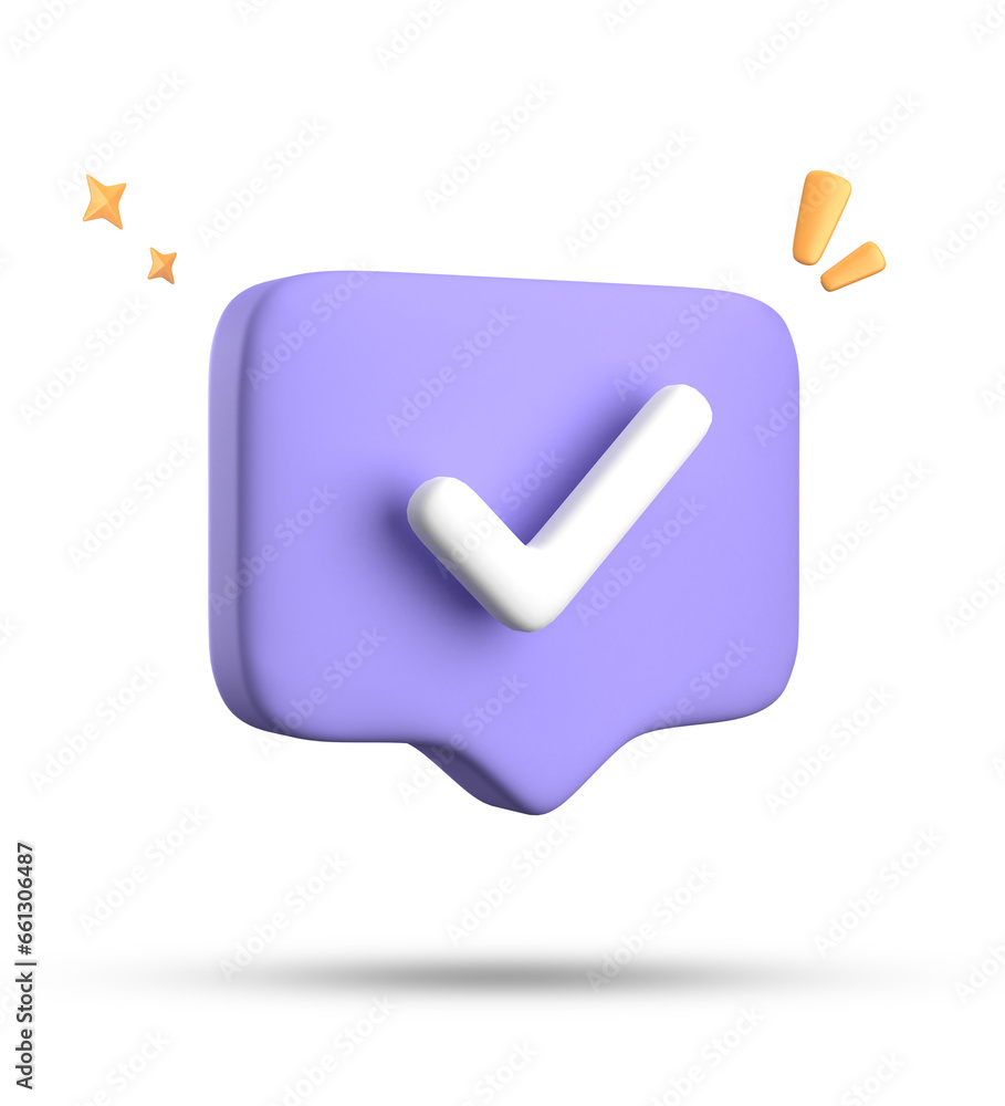 Fototapete 3d rendering of speech bubble with notification icons, 3d pastel chat with checked icon. set of 3d s