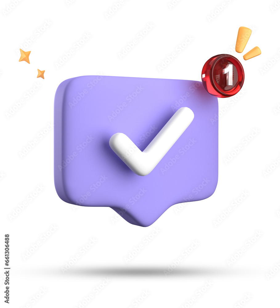Poster 3d rendering of speech bubble with notification icons, 3d pastel chat with checked icon. set of 3d s