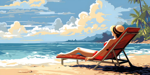 Illustration of woman sunbathing at the beach - obrazy, fototapety, plakaty