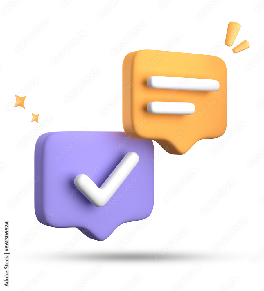 Poster 3d rendering of speech bubble with notification icons, 3d pastel chat with checked icon. set of 3d s