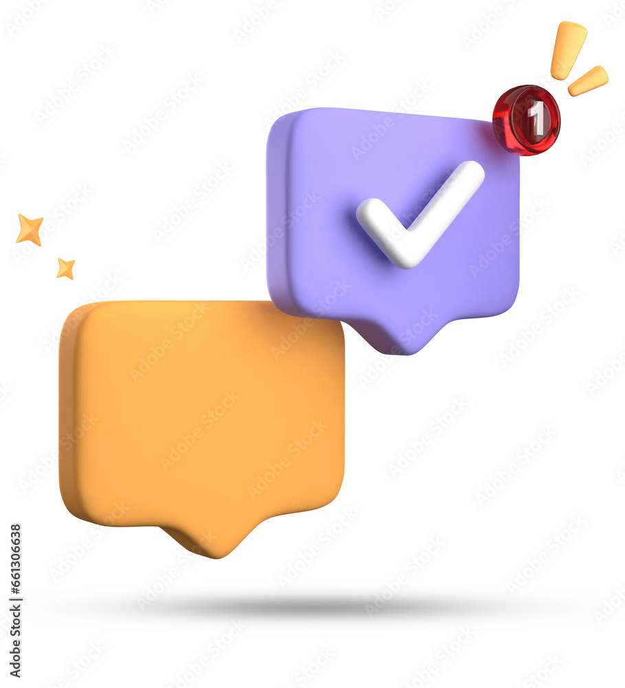 Poster 3d rendering of speech bubble with notification icons, 3d pastel chat with checked icon. set of 3d s