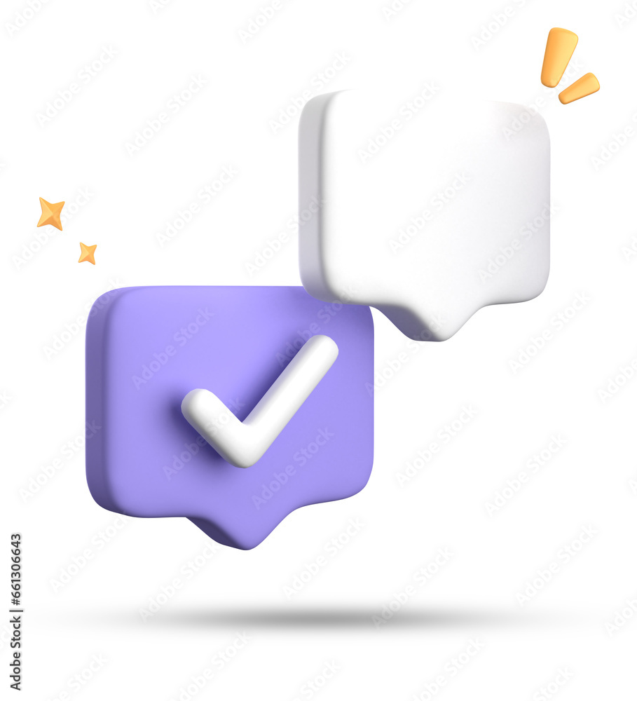 Poster 3d rendering of speech bubble with notification icons, 3d pastel chat with checked icon. set of 3d s