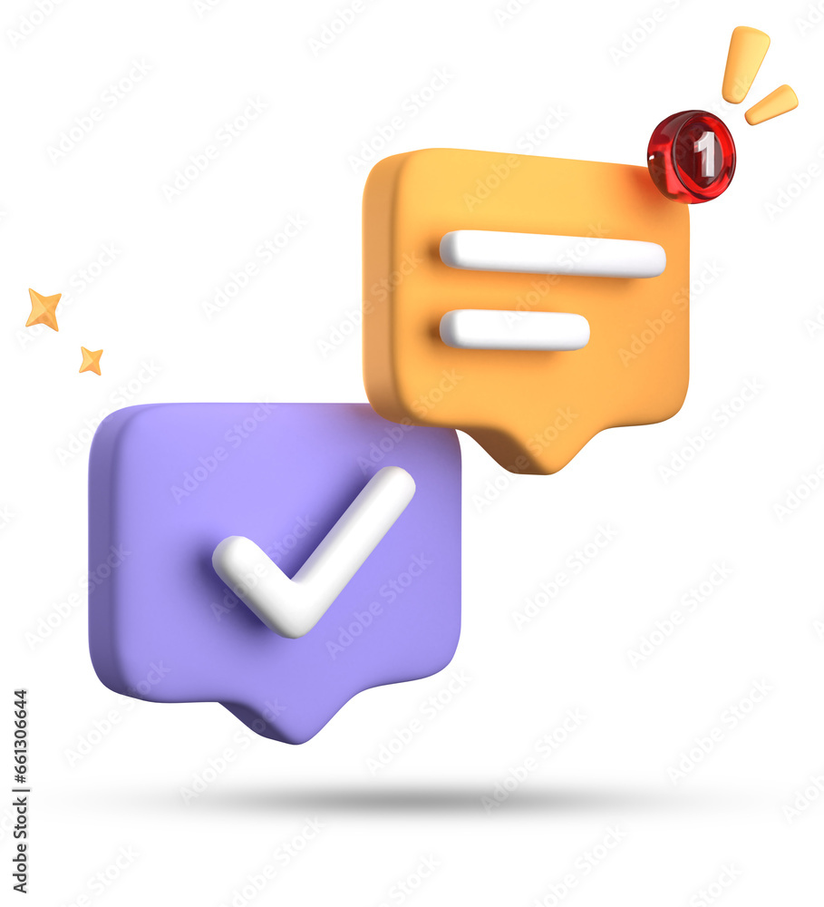 Aufkleber 3d rendering of speech bubble with notification icons, 3d pastel chat with checked icon. set of 3d s
