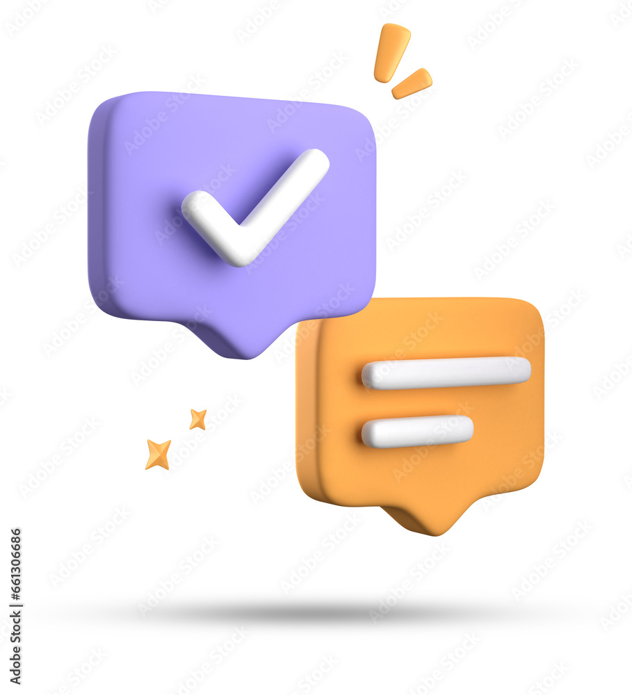 Poster 3d rendering of speech bubble with notification icons, 3d pastel chat with checked icon. set of 3d s