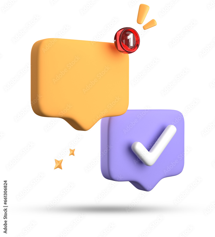 Poster 3d rendering of speech bubble with notification icons, 3d pastel chat with checked icon. set of 3d s