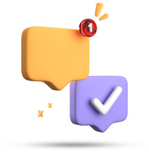 3d rendering of speech bubble with notification icons, 3D pastel chat with checked icon. Set of 3d speak bubble.