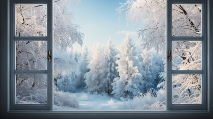 Winter frozen window. White old wooden frame. Forest Outside the Window Christmas Card Mockup