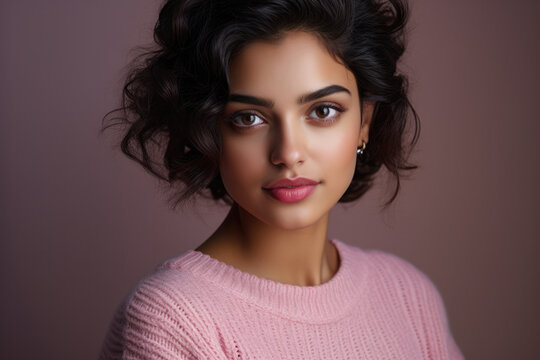 Beautiful Indian model in a winter pink sweater