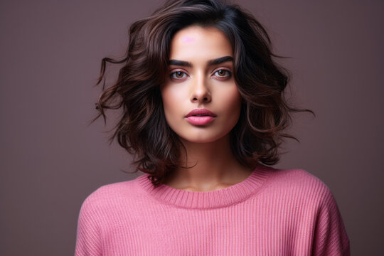 Beautiful Indian model in a winter pink sweater