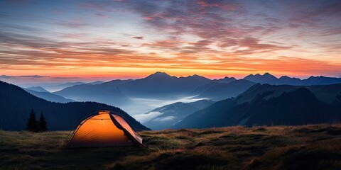 Fototapeta na wymiar Tent amidst majestic mountains at sunset. Sunrise camping. Embracing nature beauty in mountain. Outdoor adventures. Summer under starry sky