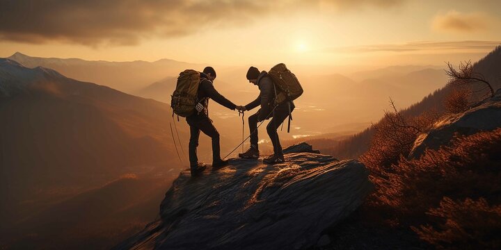 Photo of a climber in suit helping up another climber in suit up a mountain top at sunset
