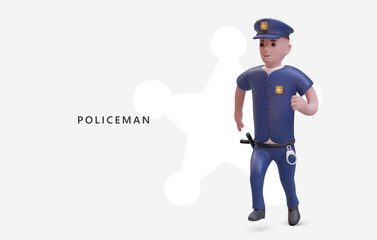 3d realistic policeman wearing police uniform and running. Young cop guard person working in safety patrol, ready to help and protect. Vector illustration with place for text