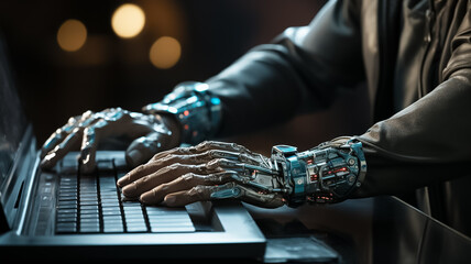 Robot hands over laptop keyboard. Ai generated