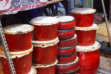 Image of a drum used for lion dancing on sale on Luong Nhu Hoc street, Ho Chi Minh