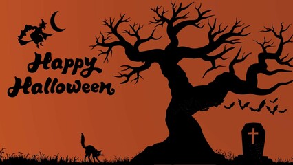 Halloween Holiday background in orange, dark shadow design with tree, cat, witch