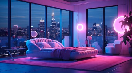 a modern luxury hotel room with plush pastel velvet