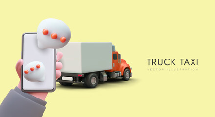 Truck taxi. Call cargo taxi from phone. Transportation of oversized cargo, organization of moving. Tractor unit with unmarked trailer. Vector header, banner, flyer with place for text