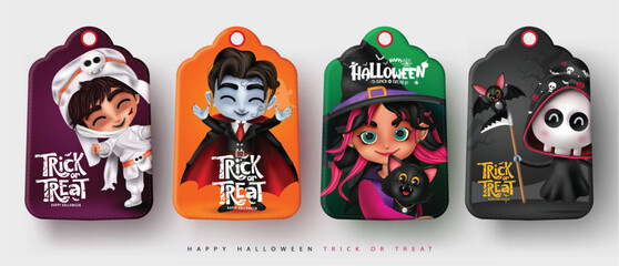 Halloween gift tags characters vector set design. Trick or treat text in gift hangtag with halloween mummy, vampire, witch and grim reaper characters cards collection. Vector illustration character 