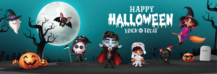 Halloween characters vector banner design. Happy halloween greeting text with cute trick or treat character costume like vampire, mummy, grim reaper and witch in night background. Vector illustration 