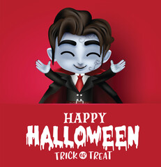 Halloween vampire character vector template design. Happy halloween greeting text in red space for typography with vampire boy character horror seasonal background. Vector illustration party 