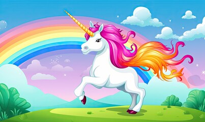 Obraz na płótnie Canvas Photo of a colorful cartoon unicorn with a vibrant rainbow backdrop