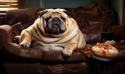 Photo of a dog sitting next to a plate of food on a couch