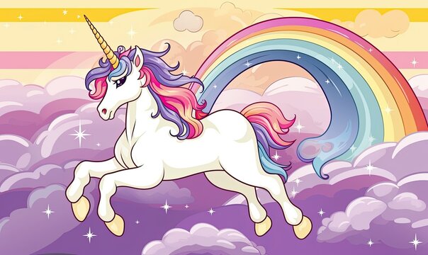 Photo of a cartoon unicorn flying over a colorful rainbow in the sky