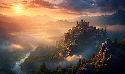 A mysterious castle enveloped in fog on a picturesque mountain landscape