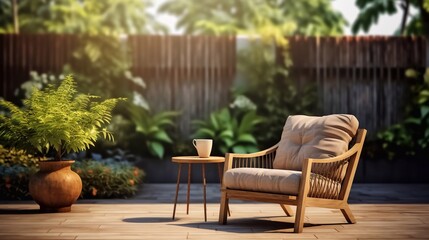 a image of Chairs And Umbrella In The Garden. 3d Rendering very important person place Generative AI - obrazy, fototapety, plakaty