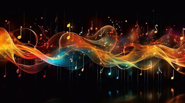 a image of abstract music background with notes and bokeh lights, illustration music icon song time wavy shape Generative AI