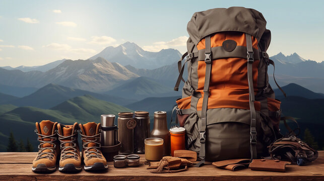 a image of Camping equipment on the background of mountains. Backpack, trekking shoes, thermos, coffee cup and flask. Generative AI