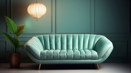 a image of interior with green sofa and lamp on the wall, 3d render Generative AI