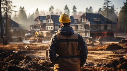 Rear view of the master foreman in uniform and helmet watches, controls the construction of the house.