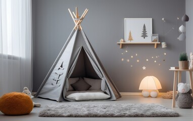Children's room with grey plush carpet and small tent