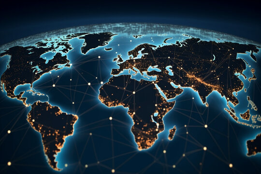 Fototapeta A background representing exports, imports or connected networks on a world map with large cities illuminated by stylish dots