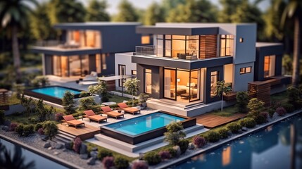 a photo of 3d rendering of modern cozy house with pool and parking for sale or rent in luxurious style. Generative AI - obrazy, fototapety, plakaty