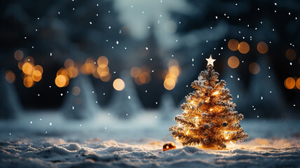 Christmas cards template. Branches of a Christmas tree decorated with lights on the background of a blurred winter snow forest.