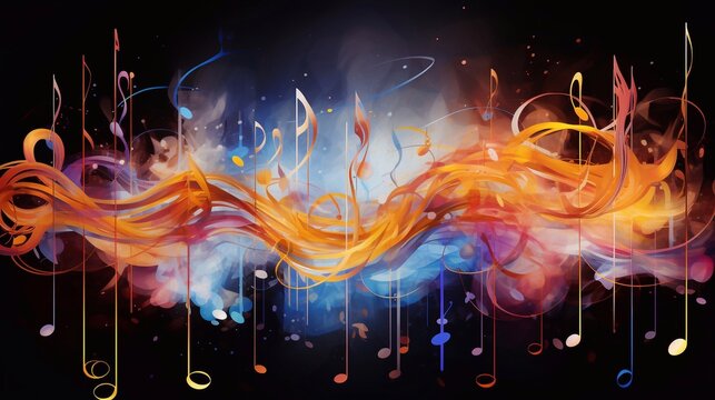 a photo of abstract music background with notes and bokeh lights, illustration music icon song time wavy shape Generative AI