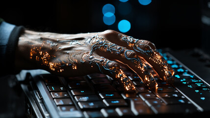 Robot hands over laptop keyboard. Ai generated