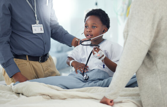 Pediatrician, mother or child with stethoscope to play in hospital for medical exam, game or lungs test. Doctor, monitor or young African boy listening to heart beat with parent or mom for wellness