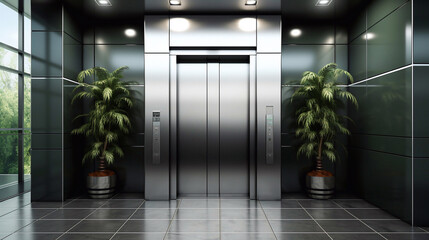 a picture of Digital composite of Elevator in modern office building with plants in front of elevator door Generative AI - obrazy, fototapety, plakaty