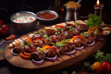 a picture of Grilled meat kebab with vegetables on a wooden board. Generative AI