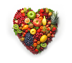 a collection of fruits of various types arranged to form a heart symbol on white background. generative AI